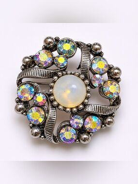 Vintage Iridescent Crystal and moonstone Brooch #cz1039